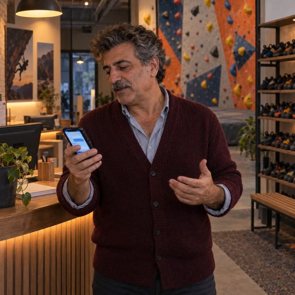 Illustrative photo: the owner of a small group of indoor climbing gyms asks the FleetDeck for help from their phone.
