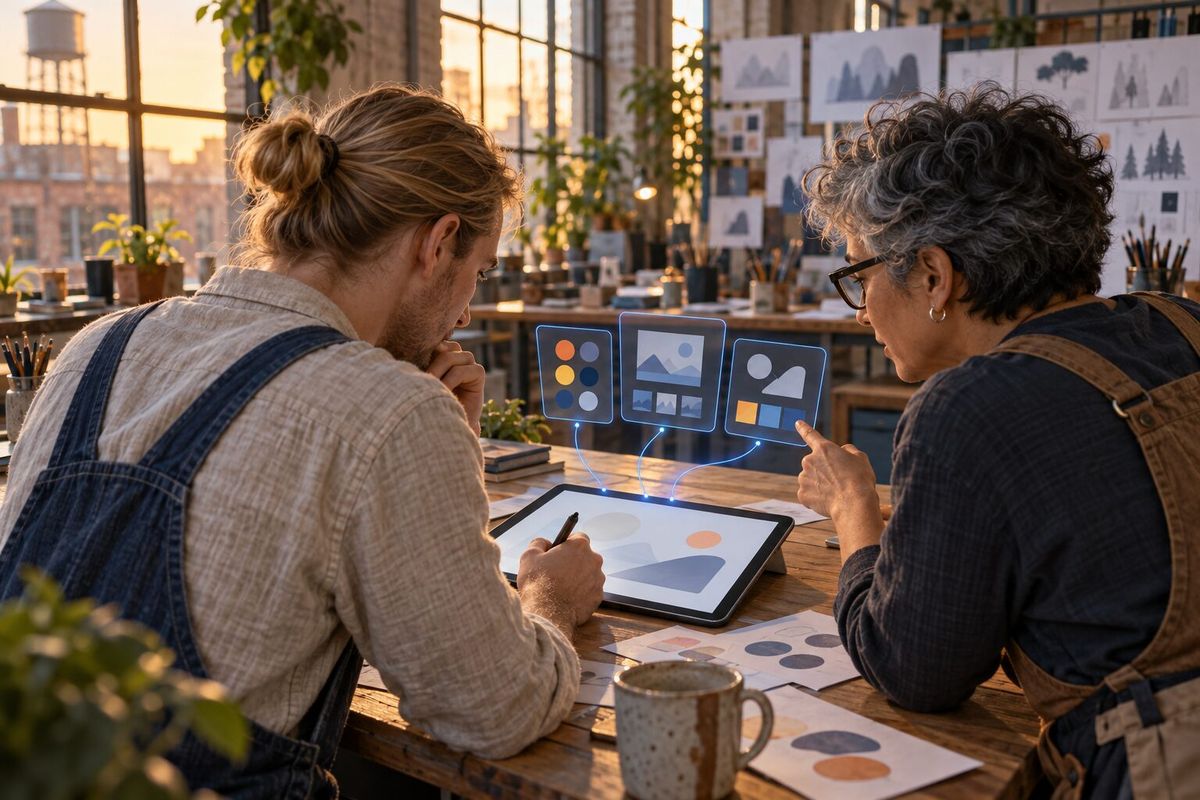 Illustrative photo: the GS Artist at work for the two founders of a hand-drawn game studio, laying out results as blue panels above a tablet.