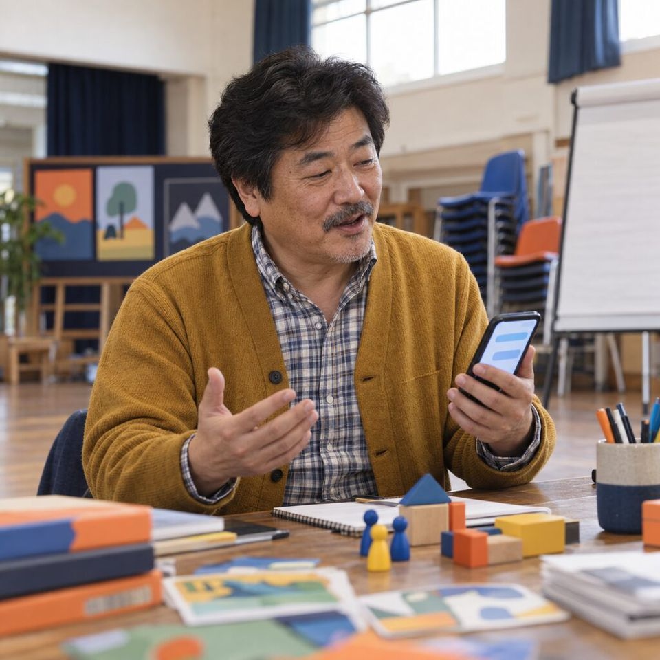 Illustrative photo: a former teacher who leads a small game studio asks for the lesson on his studio's latest milestone from his phone.