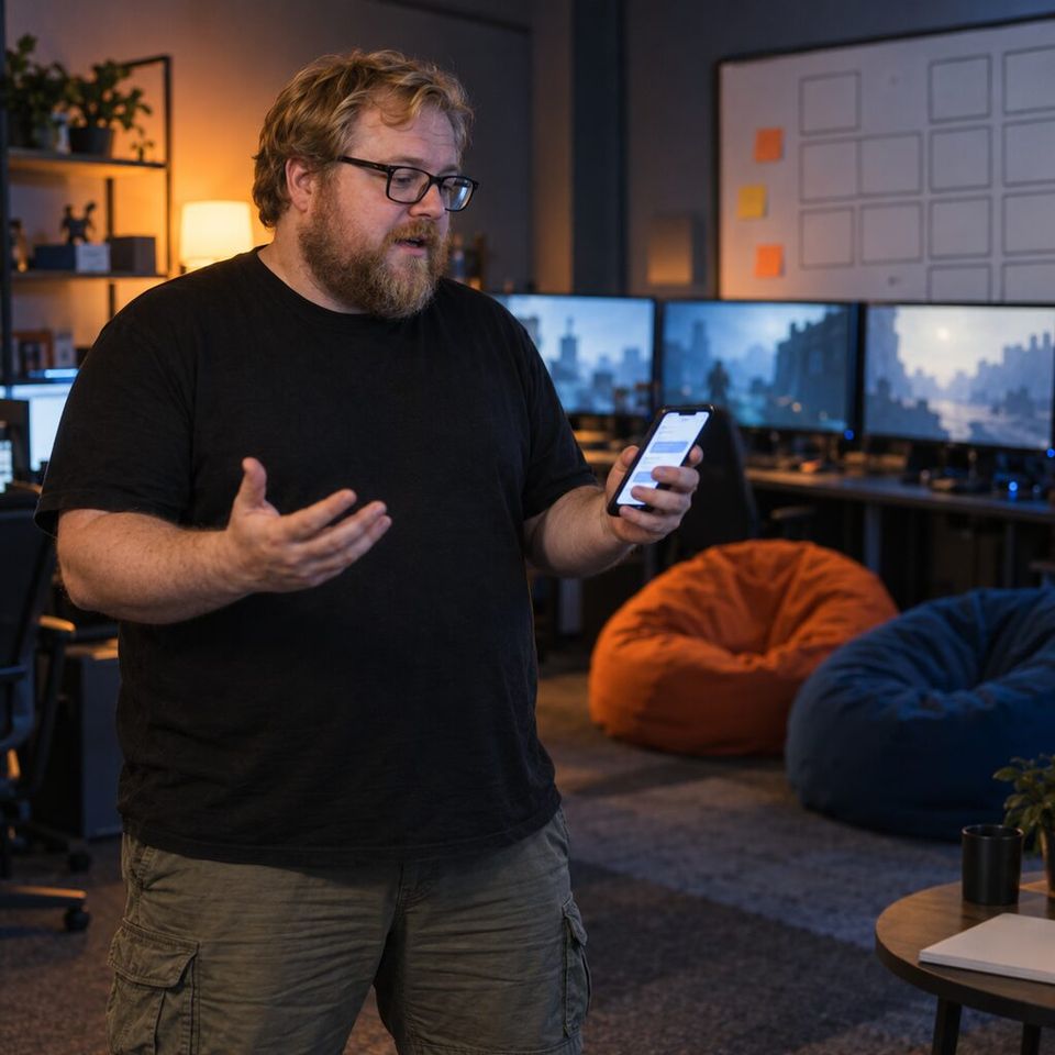 Illustrative photo: the quality lead of a small game studio asks his studio to test the latest version from his phone.