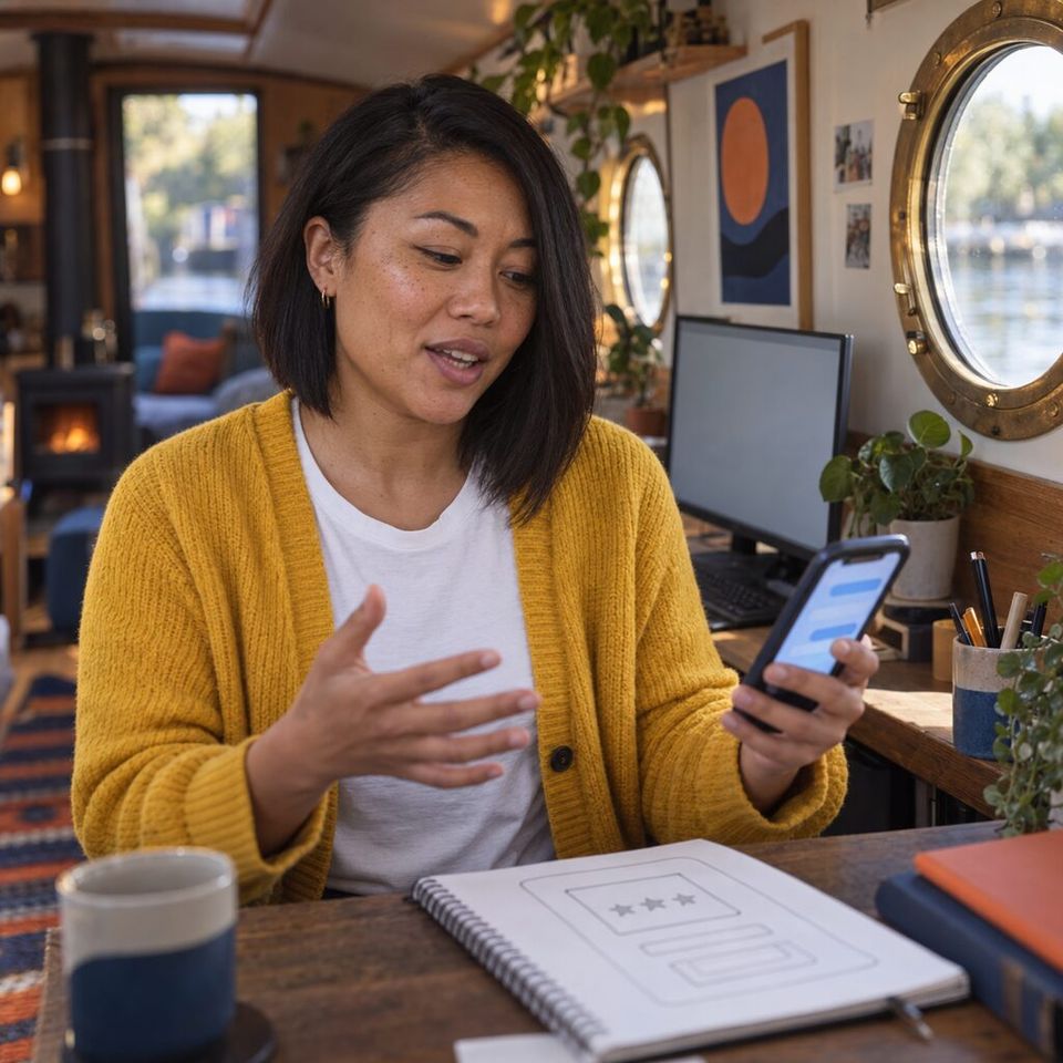 Illustrative photo: the interface builder of a small game studio asks her studio for a score screen from her phone.