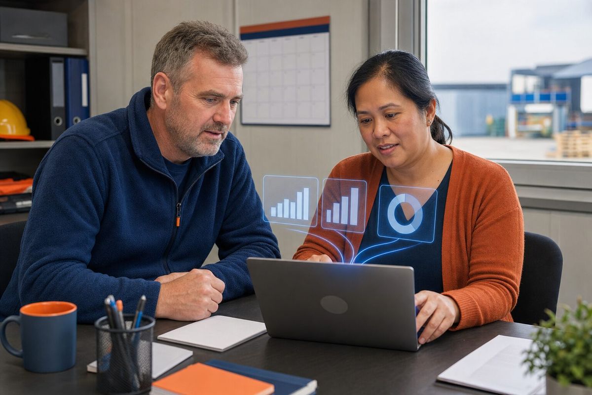 Illustrative photo: the Google Ads Manager at work for the owner and office manager checking what their ad spend brings in, laying out results as blue panels above a laptop.