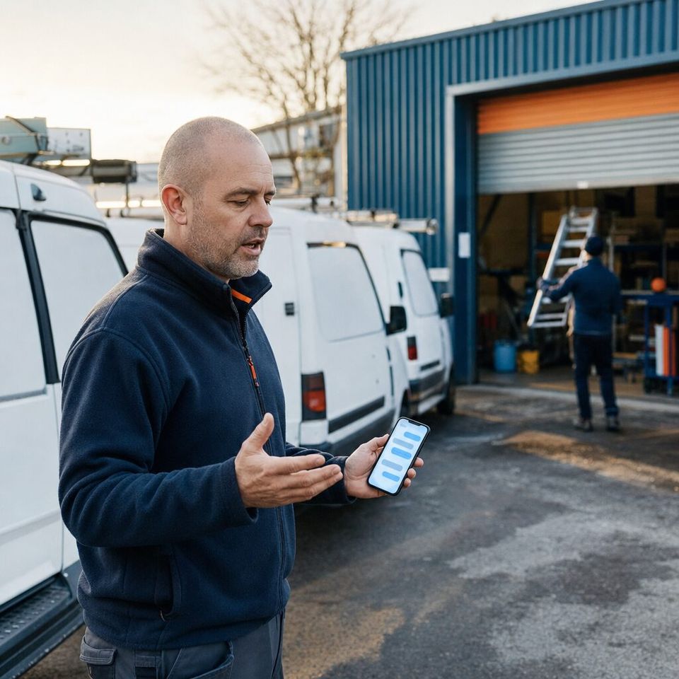 Illustrative photo: the owner of a heating and air-conditioning company asks the Google Ads Manager for help from their phone.