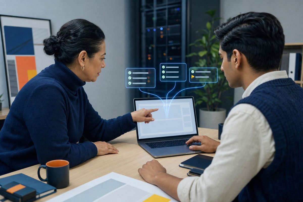 Illustrative photo: the GCP Admin at work for the IT and development team at an architecture practice, laying out results as blue panels above a laptop.