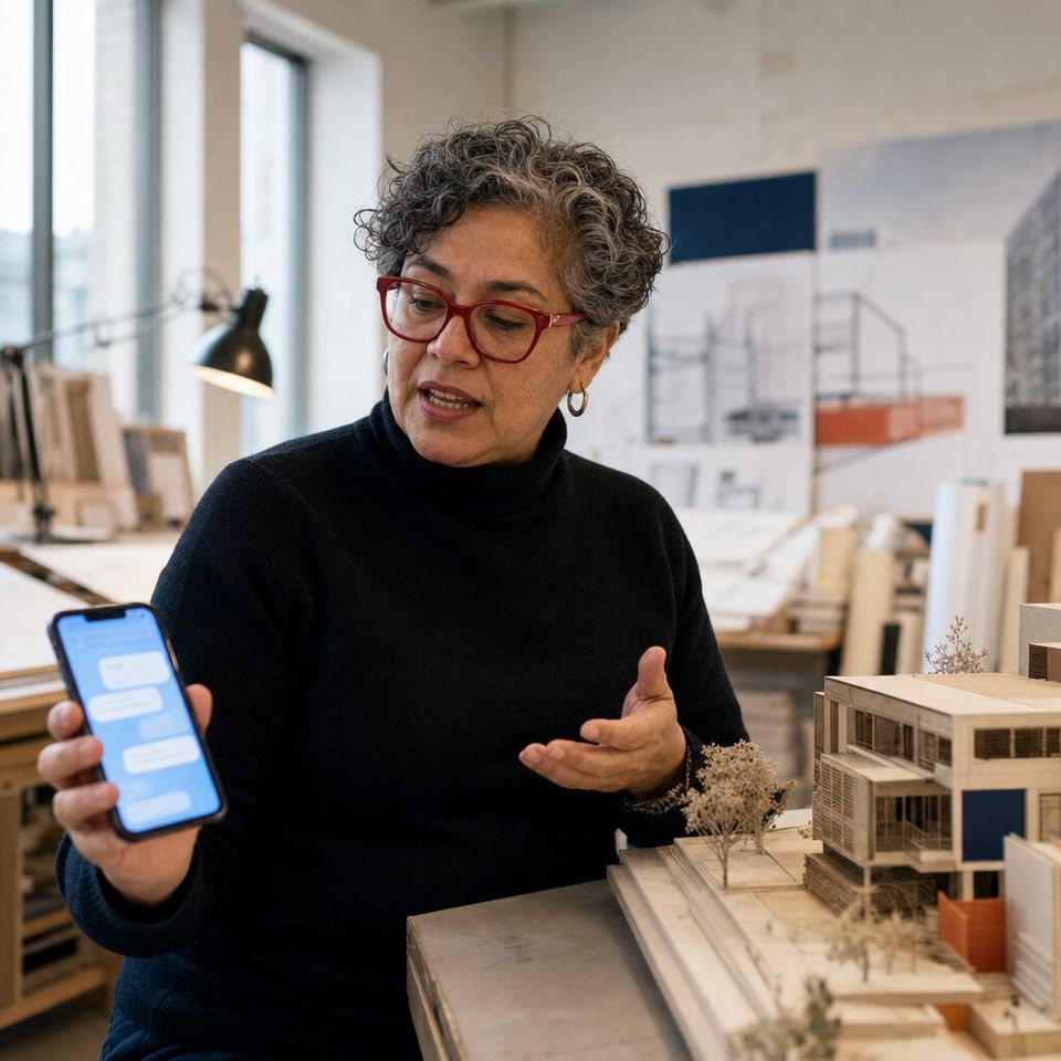 Illustrative photo: the IT manager at an architecture practice asks the GCP Admin for help from their phone.