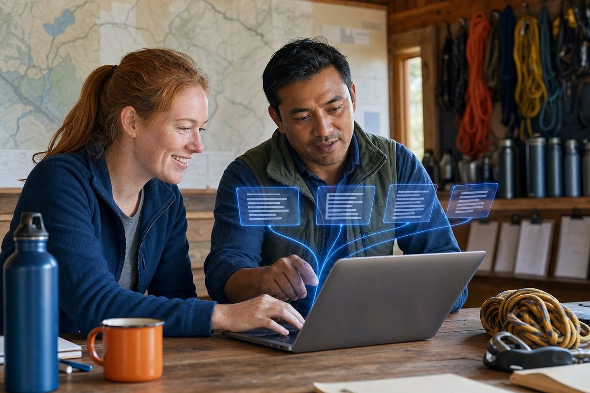 Illustrative photo: the Random Thoughts Organizer at work for the owner and lead guide of a small adventure-tour company, laying out results as blue panels above a laptop.