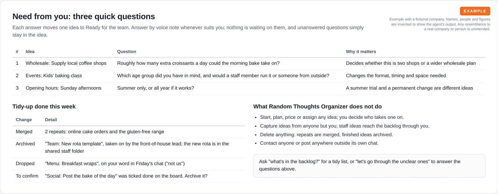 A table of three questions for the owner, each tied to one idea with the reason it matters, a table of this week's merges, archive, drop and one item to confirm, and a list of what the agent does not do.