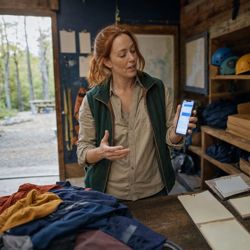 Illustrative photo: the owner of a small adventure-tour company asks the Random Thoughts Organizer for help from their phone.