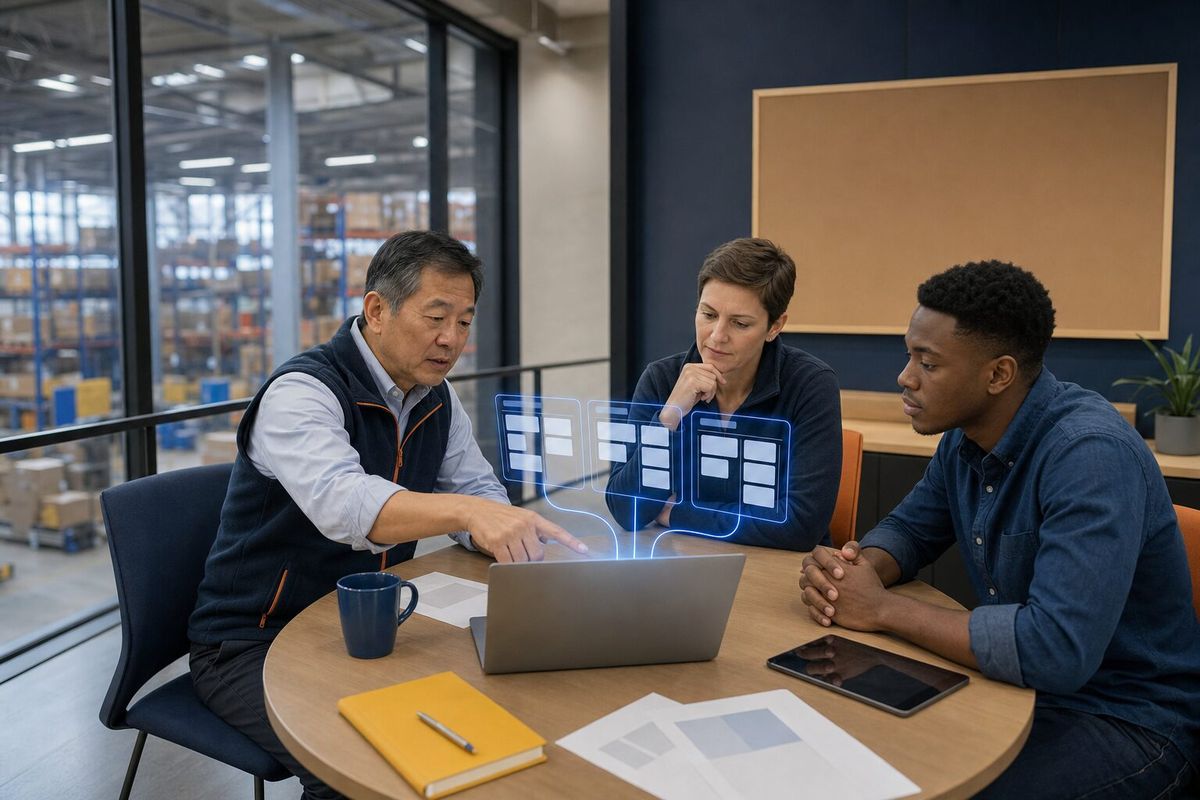 Illustrative photo: the Make It Better agent at work for the managing director and his team approving process improvements one by one, laying out results as blue panels above a laptop.