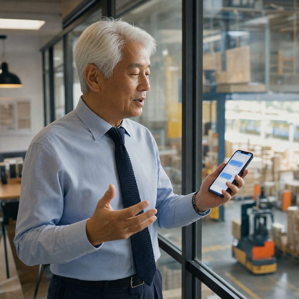Illustrative photo: the managing director of a logistics firm asks the Make It Better agent for help from their phone.