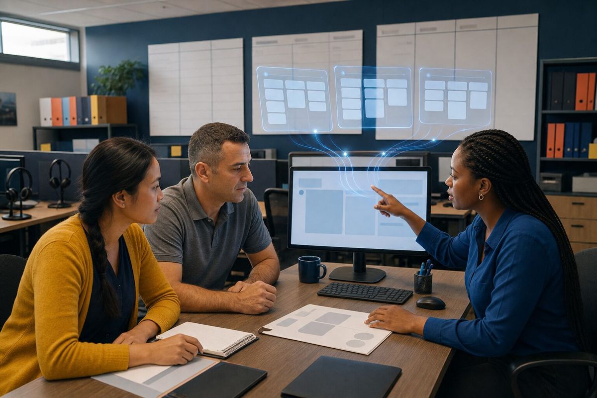 Illustrative photo: the Fleet Incident Commander at work for the owner and support leads of a small online bus-ticketing company, laying out results as blue panels above a monitor.