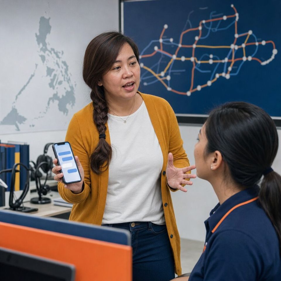 Illustrative photo: the owner of a small online bus-ticketing company asks the Fleet Incident Commander for help from their phone.