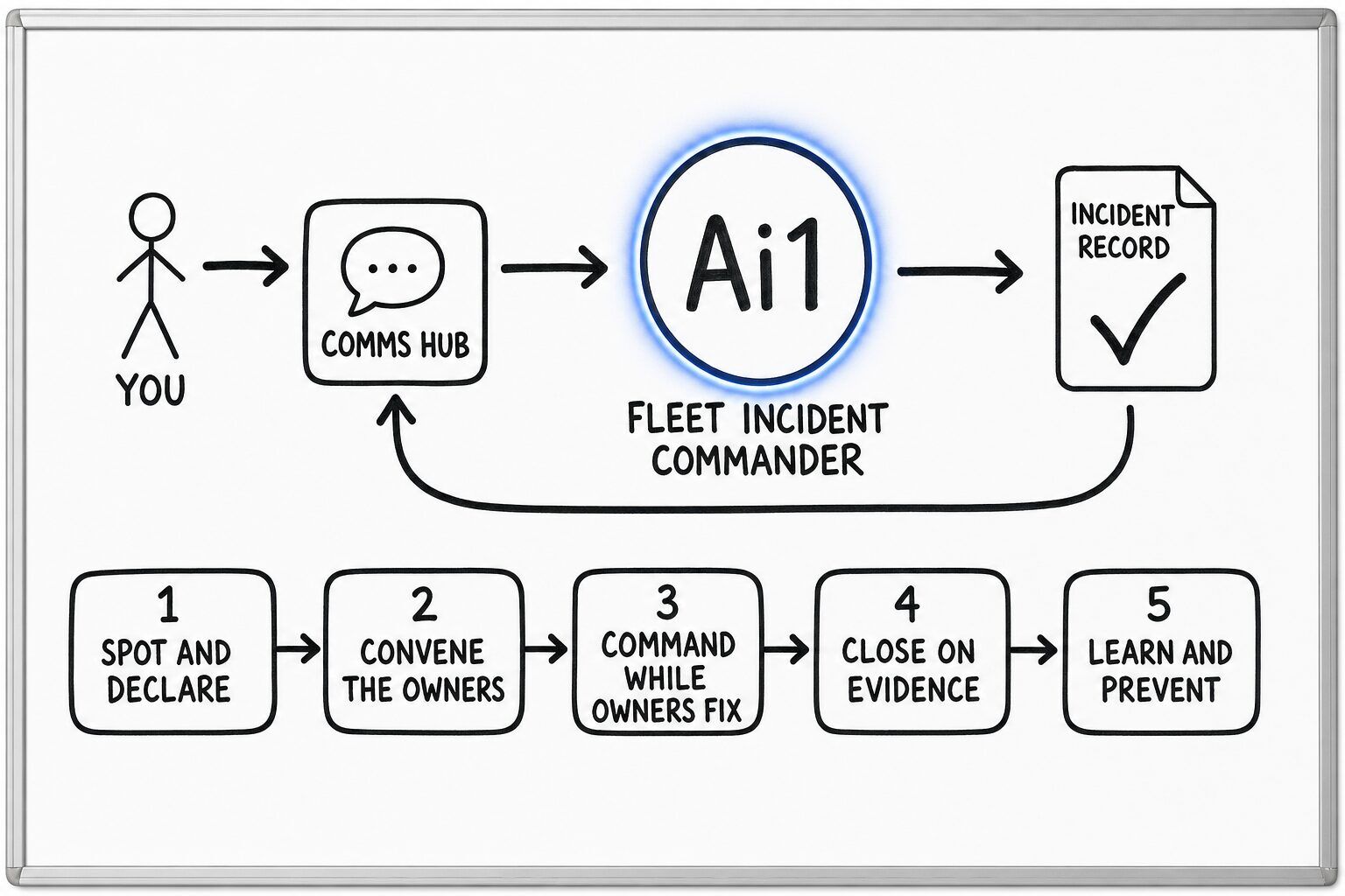 How the Fleet Incident Commander works: you ask through the Comms Hub and Ai1 runs the steps: spot and declare, convene the owners, command while owners fix, close on evidence and learn and prevent. It returns a incident record.