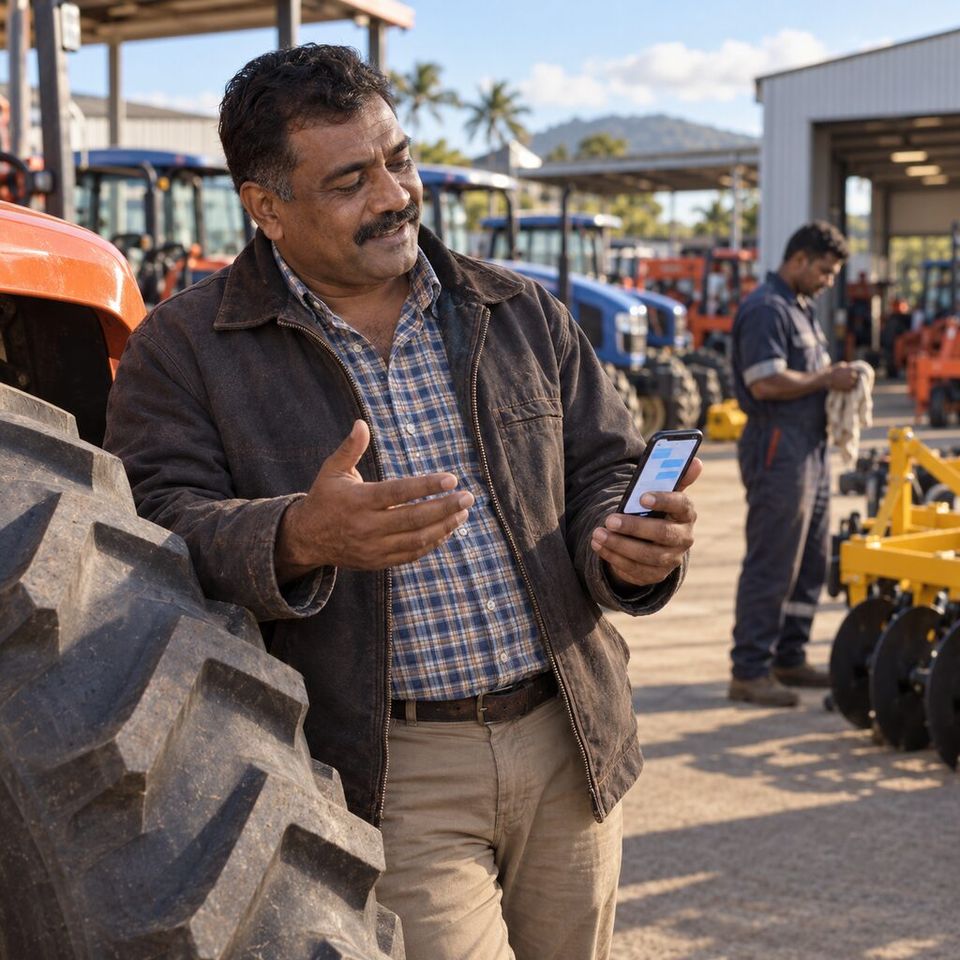 Illustrative photo: the owner of an agricultural-equipment dealership asks the Industry Analyst for help from their phone.