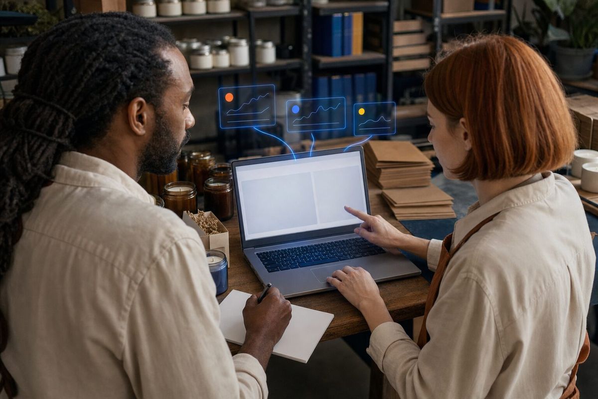 Illustrative photo: the Integrations & Connector Steward at work for the owner and fulfilment coordinator of a small online candle shop, laying out results as blue panels above a laptop.