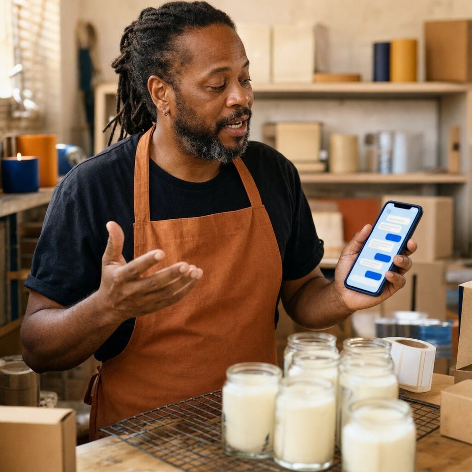 Illustrative photo: the owner of a small online candle shop asks the Integrations & Connector Steward for help from their phone.