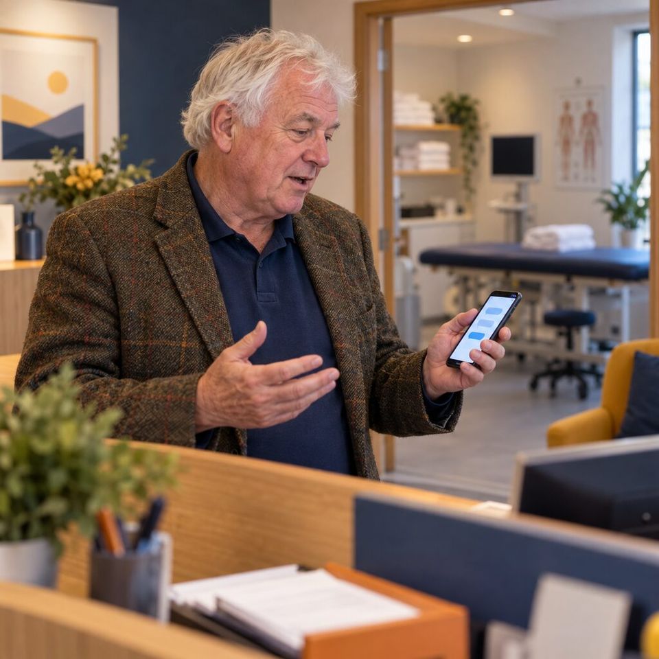 Illustrative photo: the lead physiotherapist of a small physiotherapy clinic asks the IT Help Desk for help from their phone.