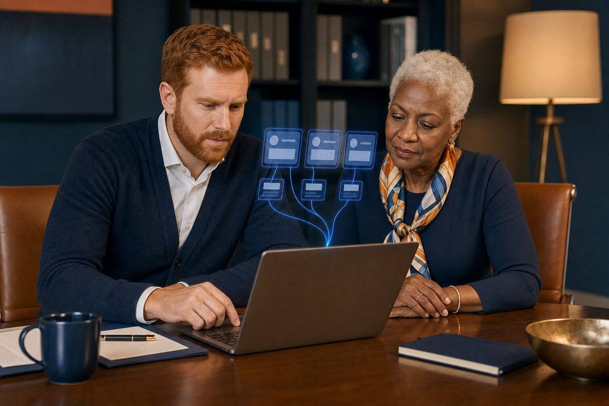 Illustrative photo: the Jev Expert at work for the partners of an accounting firm, laying out results as blue panels above a laptop.
