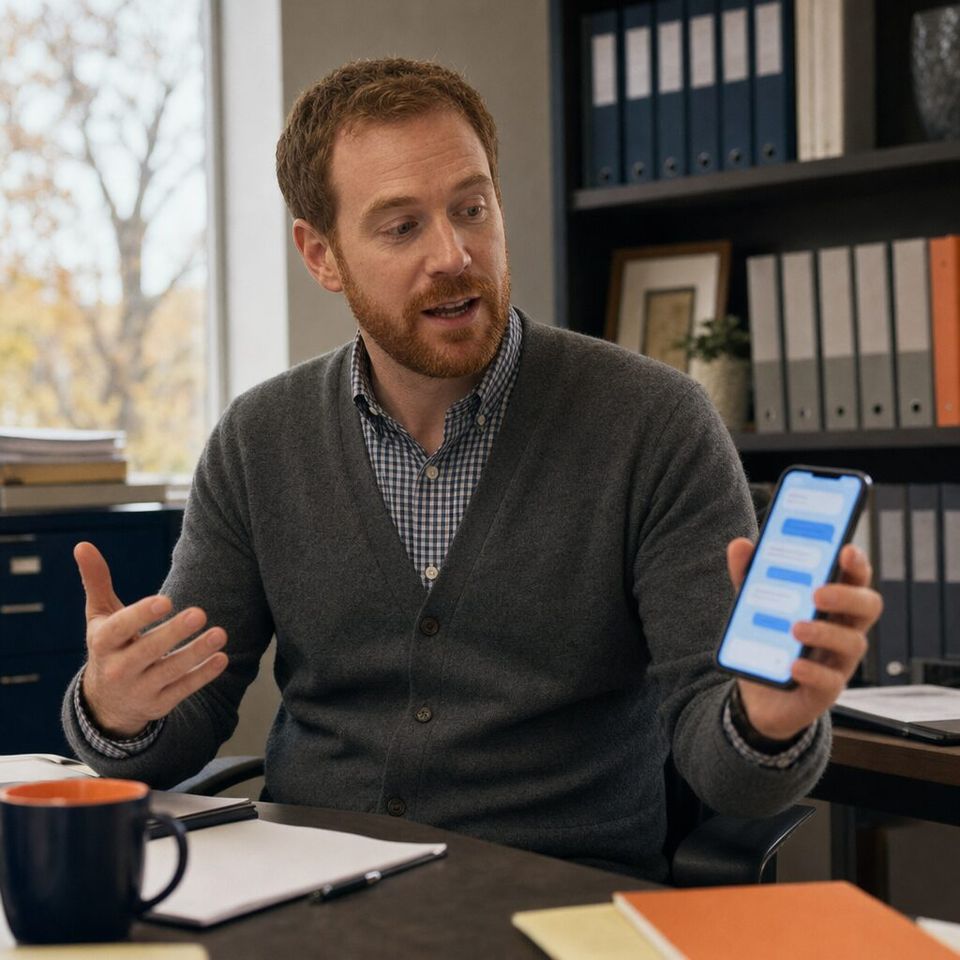 Illustrative photo: the operations partner at an accounting firm exploring new AI services asks the Jev Expert for help from their phone.