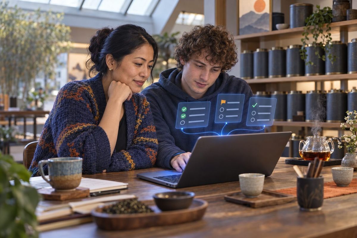 Illustrative photo: the Knowledge Curator at work for the owner and marketing helper of a specialty tea importer, laying out results as blue panels above a laptop.