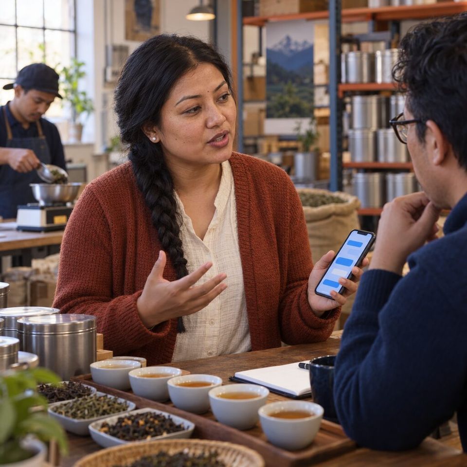 Illustrative photo: the owner of a specialty tea importer asks her ads expert what its last monthly knowledge review kept and dropped.