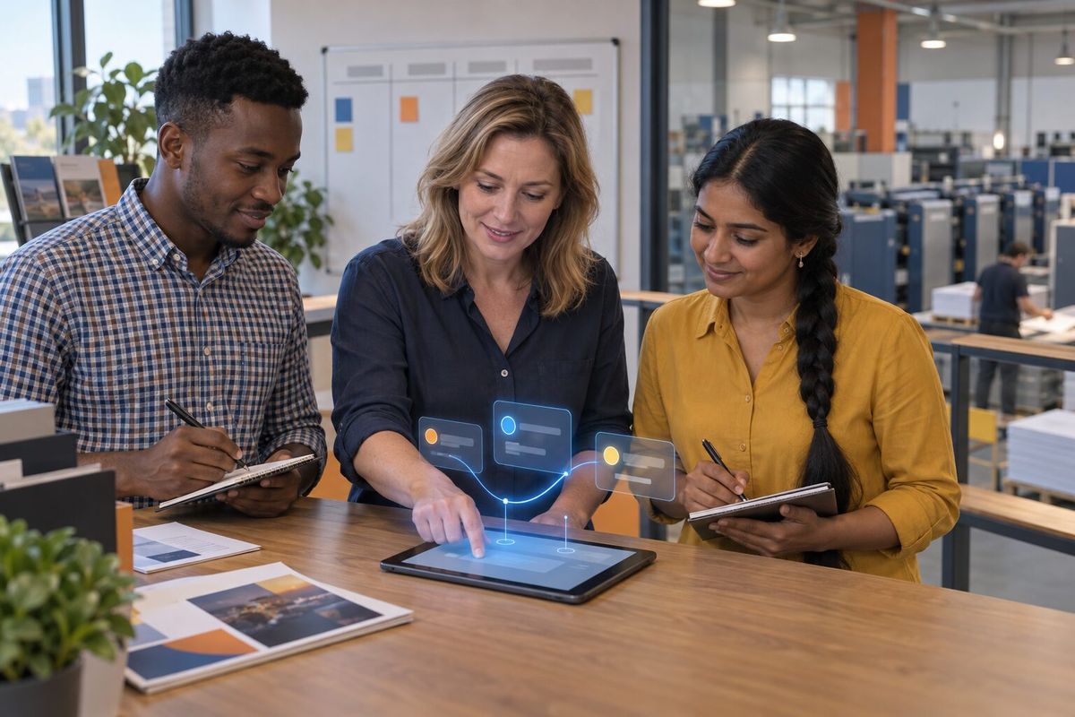 Illustrative photo: the Outreach Prioritizer at work for the sales lead and reps of a small commercial-printing company, laying out results as blue panels above a tablet.