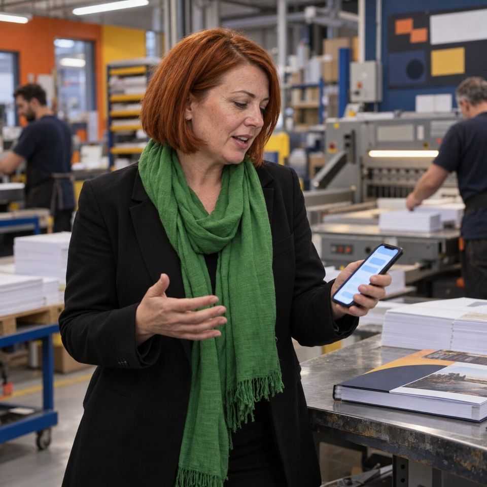 Illustrative photo: the sales lead of a small commercial-printing company asks the Outreach Prioritizer for help from their phone.