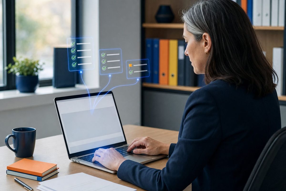 Illustrative photo: the Lawyer at work for the operations manager, laying out results as blue panels above a laptop.