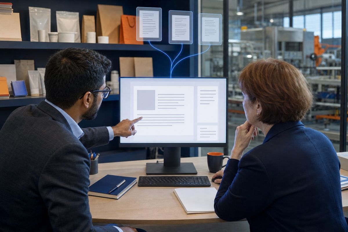Illustrative photo: the LinkedIn Manager at work for the owner and sales coordinator of a small packaging-machinery distributor, laying out results as blue panels above a monitor.