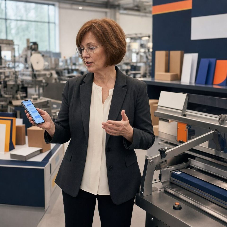Illustrative photo: the owner of a small packaging-machinery distributor asks the LinkedIn Manager for help from their phone.