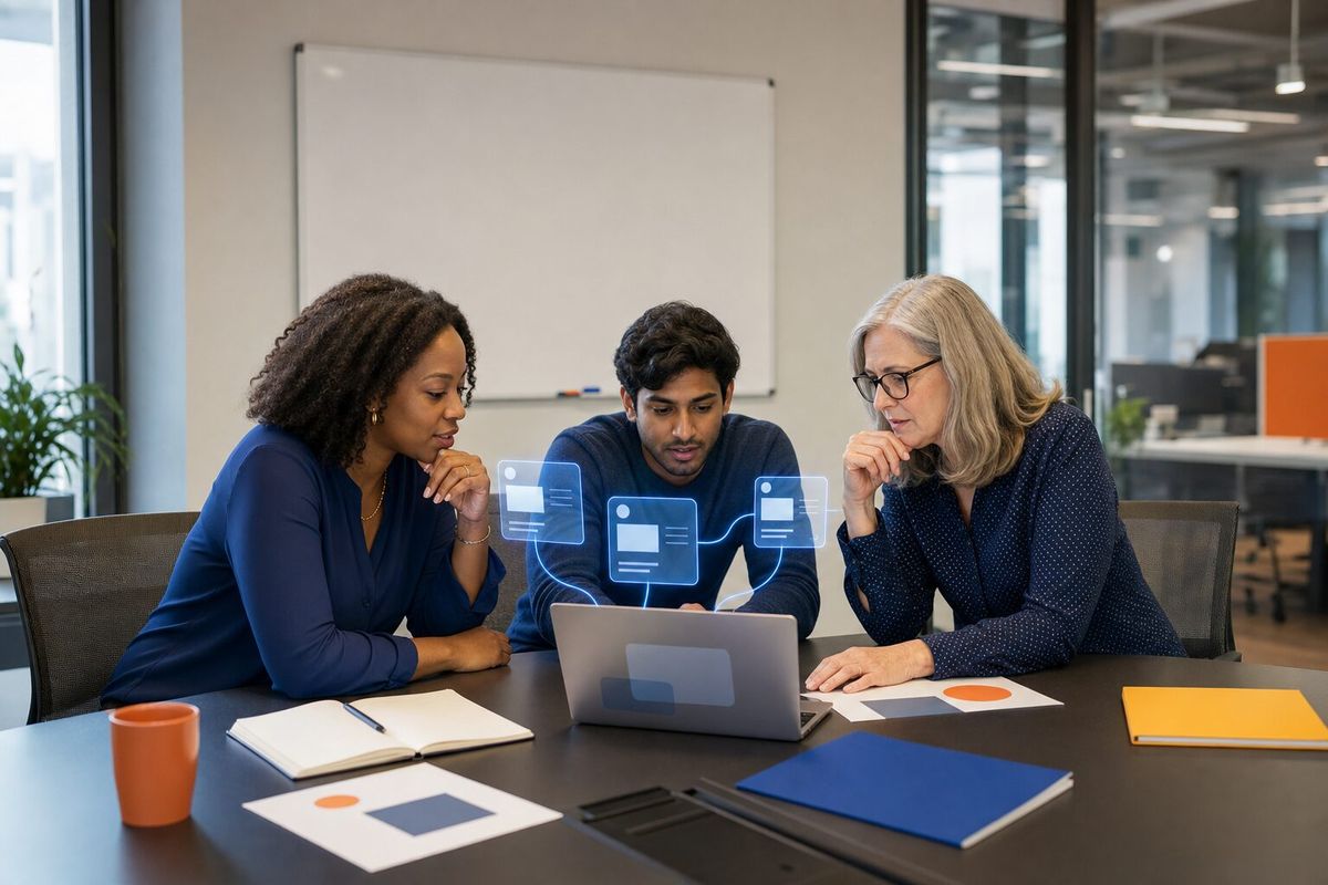 Illustrative photo: the Analyst at work for the market-insights team, laying out results as blue panels above a laptop.