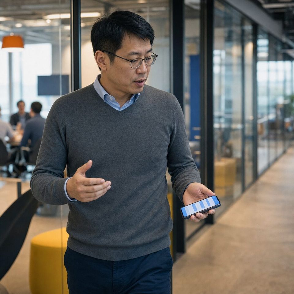Illustrative photo: the head of product at a software company asks the Analyst for help from their phone.