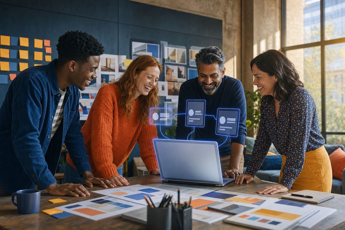 Illustrative photo: the Marketing Director at work for the marketing team in a campaign review, laying out results as blue panels above a laptop.