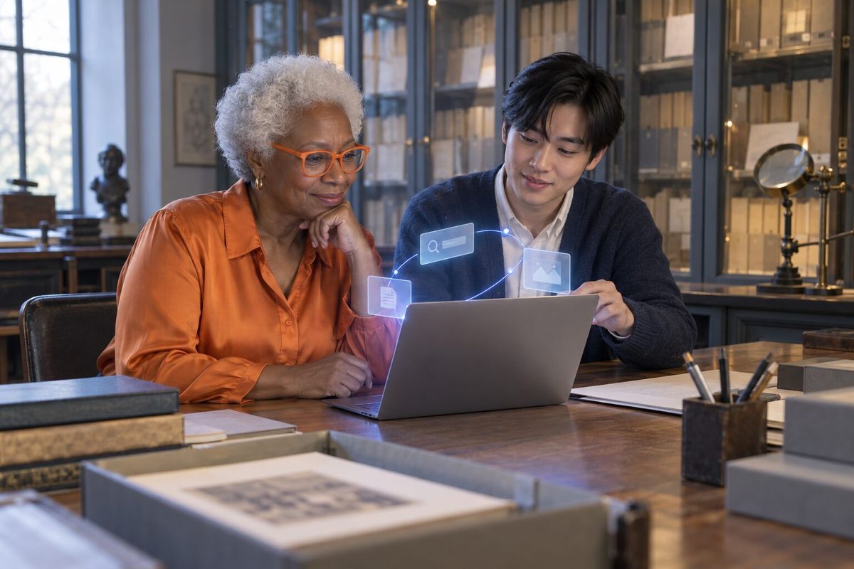 Illustrative photo: the Memory Manager at work for the small team behind a heritage museum trust, laying out results as blue panels above a laptop.