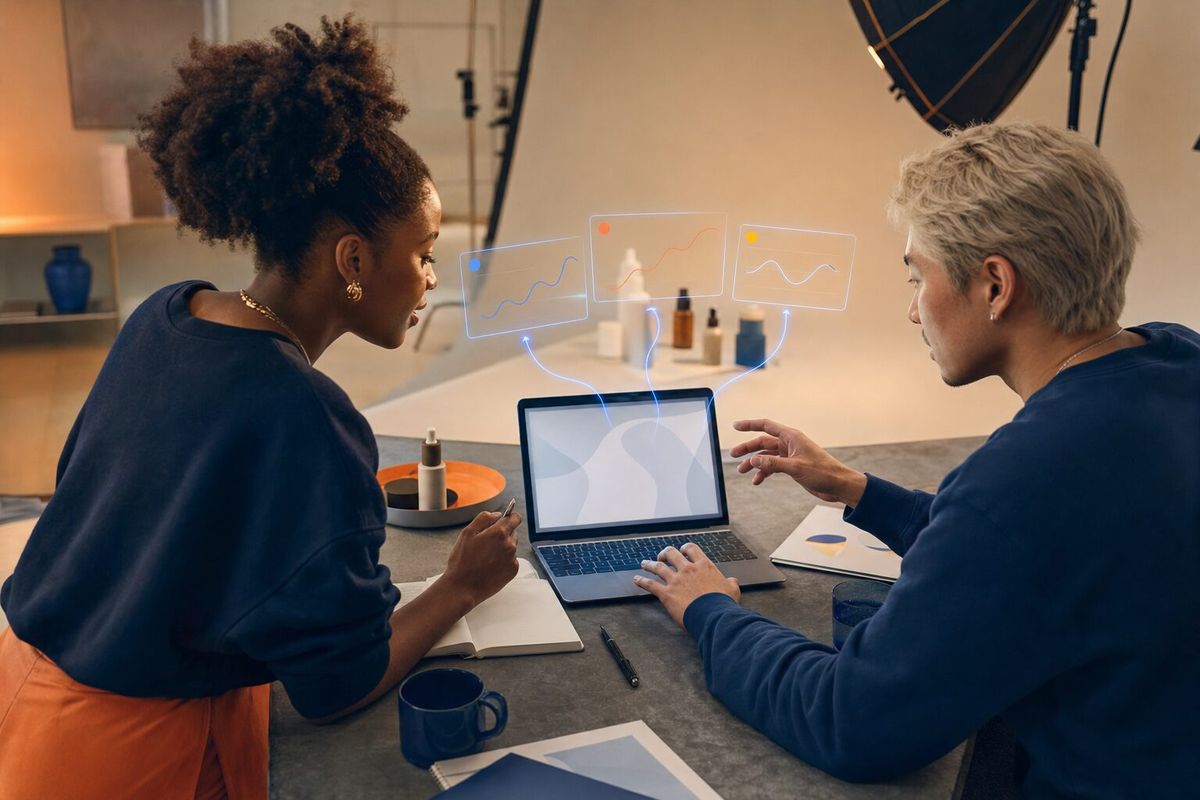 Illustrative photo: the Meta Ads Manager at work for the founder and creator planning next week's Facebook and Instagram ads, laying out results as blue panels above a laptop.