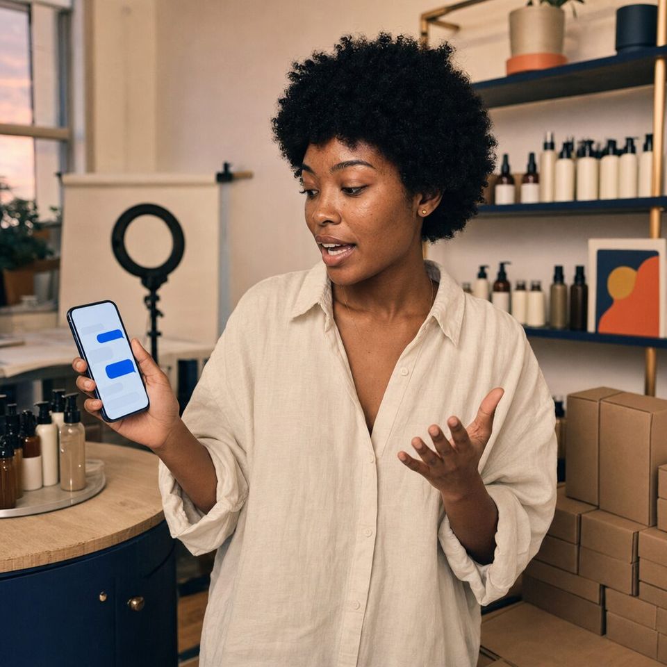 Illustrative photo: the founder of a small skincare brand asks the Meta Ads Manager for help from their phone.