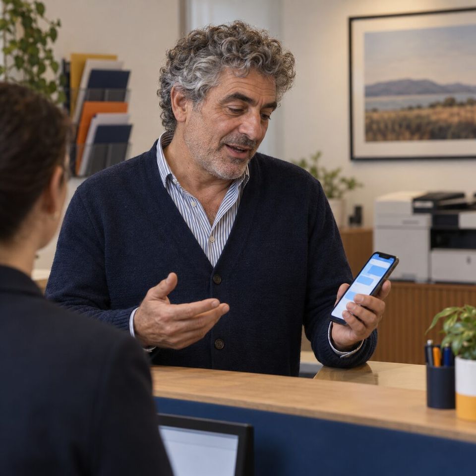 Illustrative photo: the managing partner of a small accountancy firm asks the Microsoft 365 Admin for help from their phone.