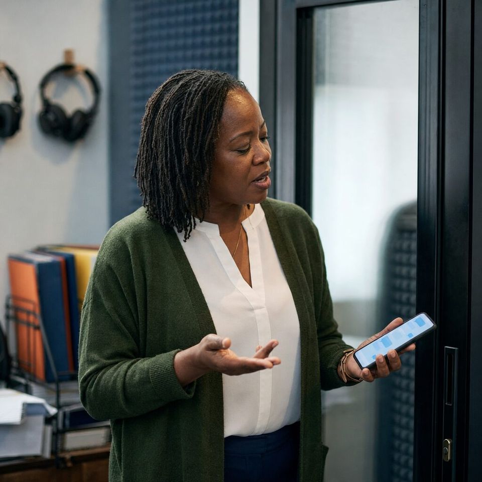 Illustrative photo: the owner of a small legal-transcription service asks the Bench for help from their phone.