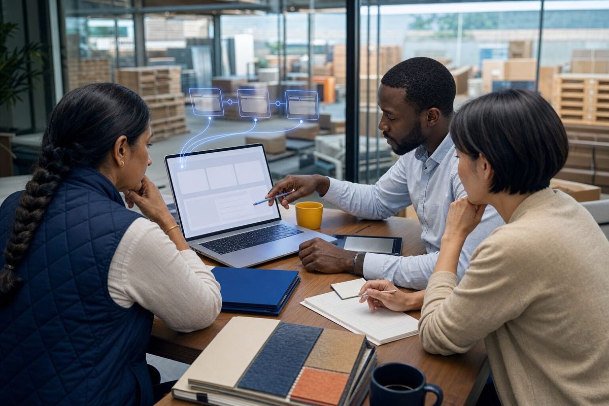 Illustrative photo: the NetSuite Expert at work for the owner and purchasing team of a mid-size outdoor-furniture wholesaler, laying out results as blue panels above a laptop.