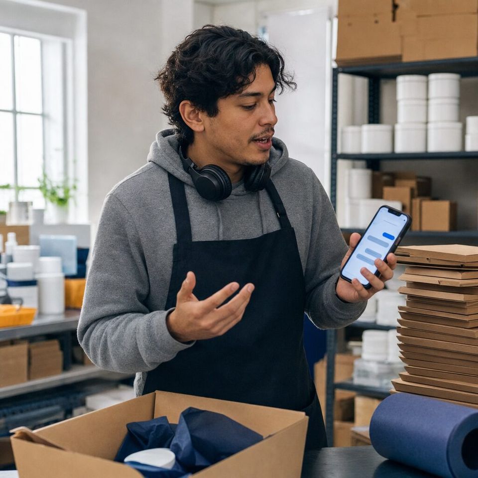 Illustrative photo: the packing and fulfilment lead of an online skincare shop asks the Online Store Manager for help from their phone.