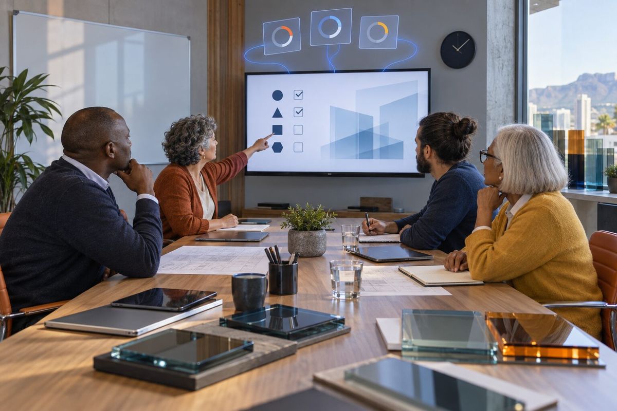 Illustrative photo: the EOS Coach at work for the leadership group of an architectural-glass fabrication company, laying out results as blue panels above a monitor.