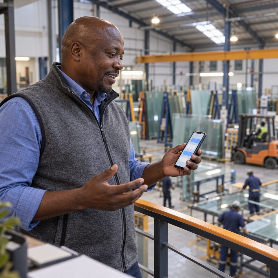 Illustrative photo: the managing director of an architectural-glass fabrication company asks the EOS Coach for help from their phone.