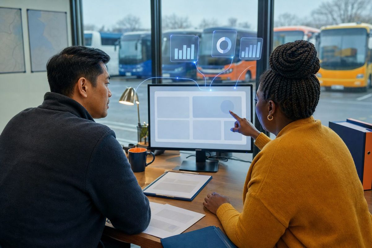 Illustrative photo: the Ai1 Operations at work for the owner and dispatch manager of a regional coach-tour operator, laying out results as blue panels above a monitor.