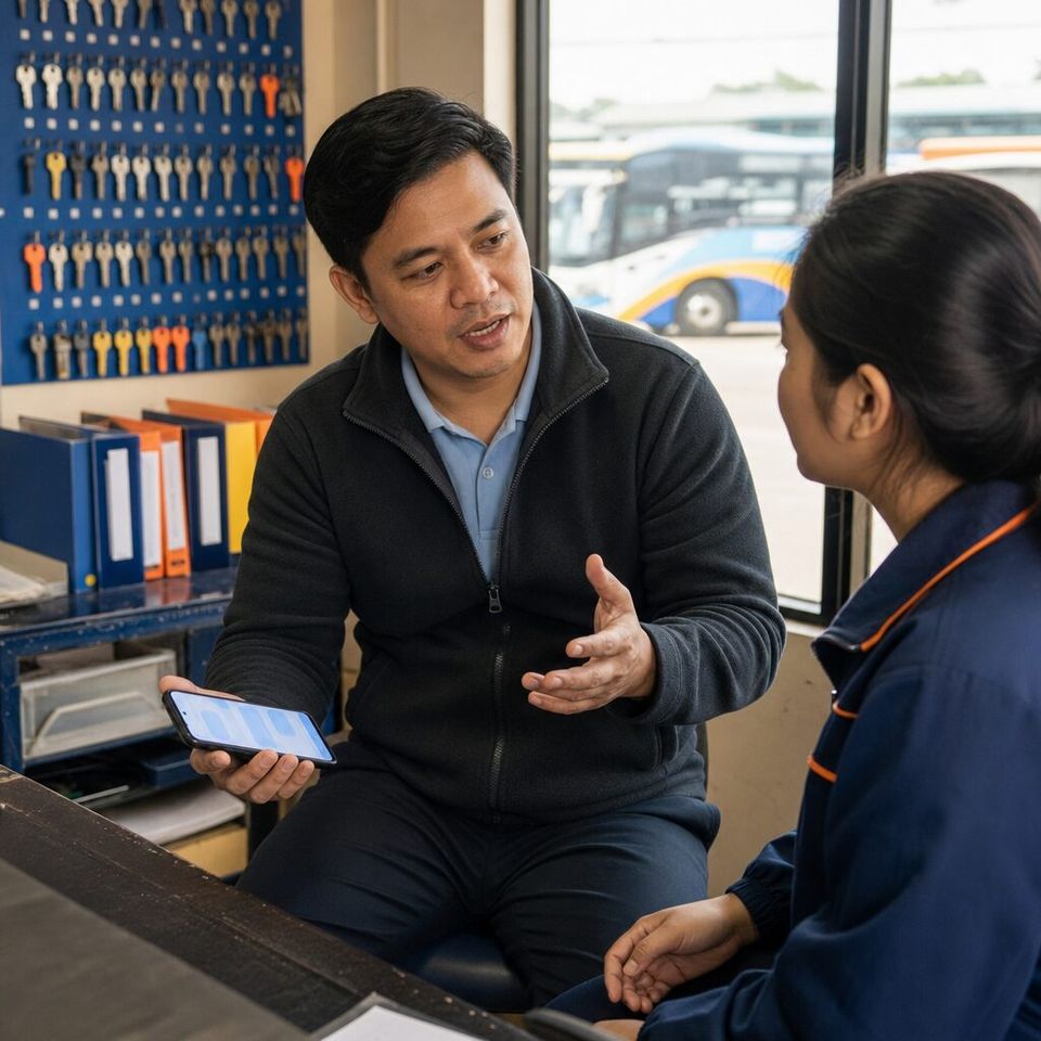Illustrative photo: the owner of a regional coach-tour operator asks the Ai1 Operations for help from their phone.
