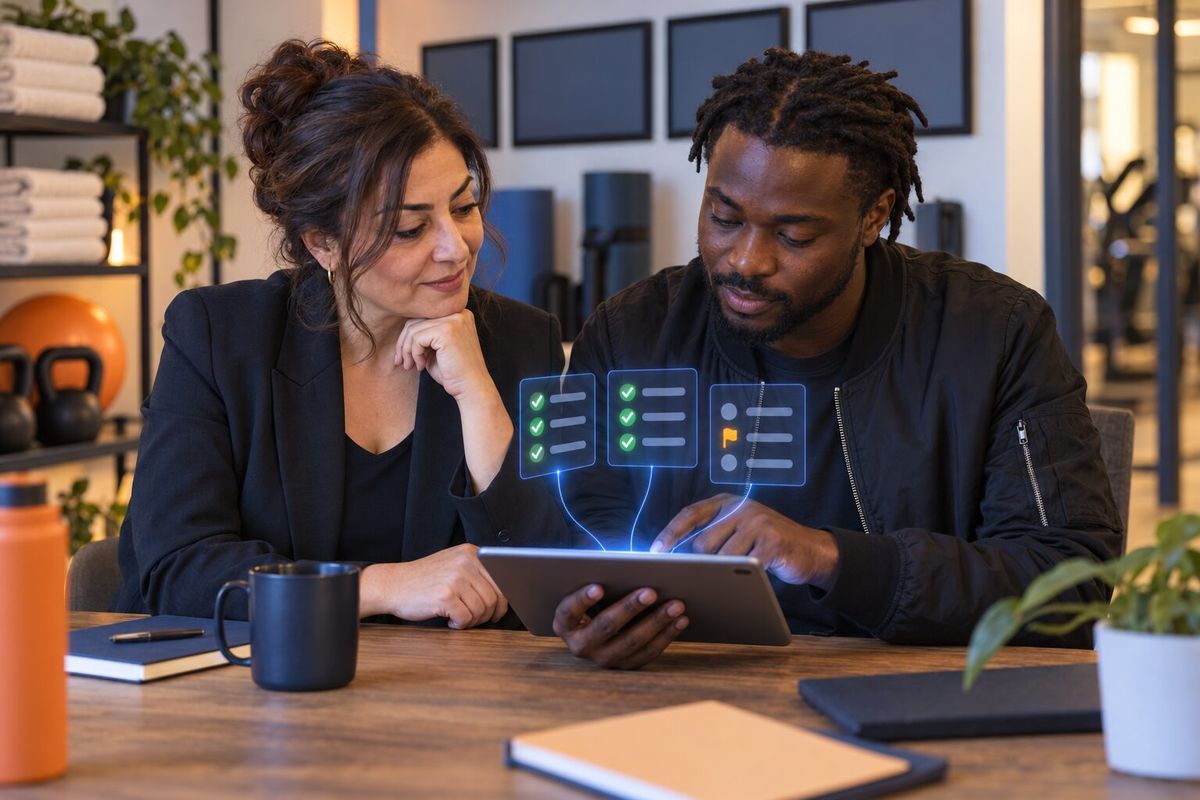 Illustrative photo: the Portal Compliance Agent at work for the digital pair at a boutique fitness studio group, laying out results as blue panels above a tablet.