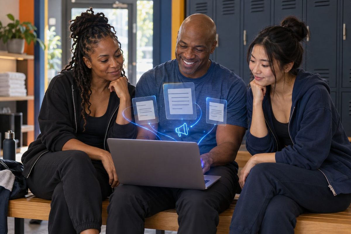 Illustrative photo: the PR Manager at work for the owner, head instructor and front-desk host of a small boutique fitness studio, laying out results as blue panels above a laptop.