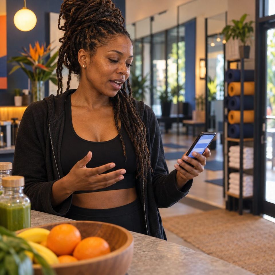 Illustrative photo: the owner of a small boutique fitness studio asks the PR Manager for help from their phone.