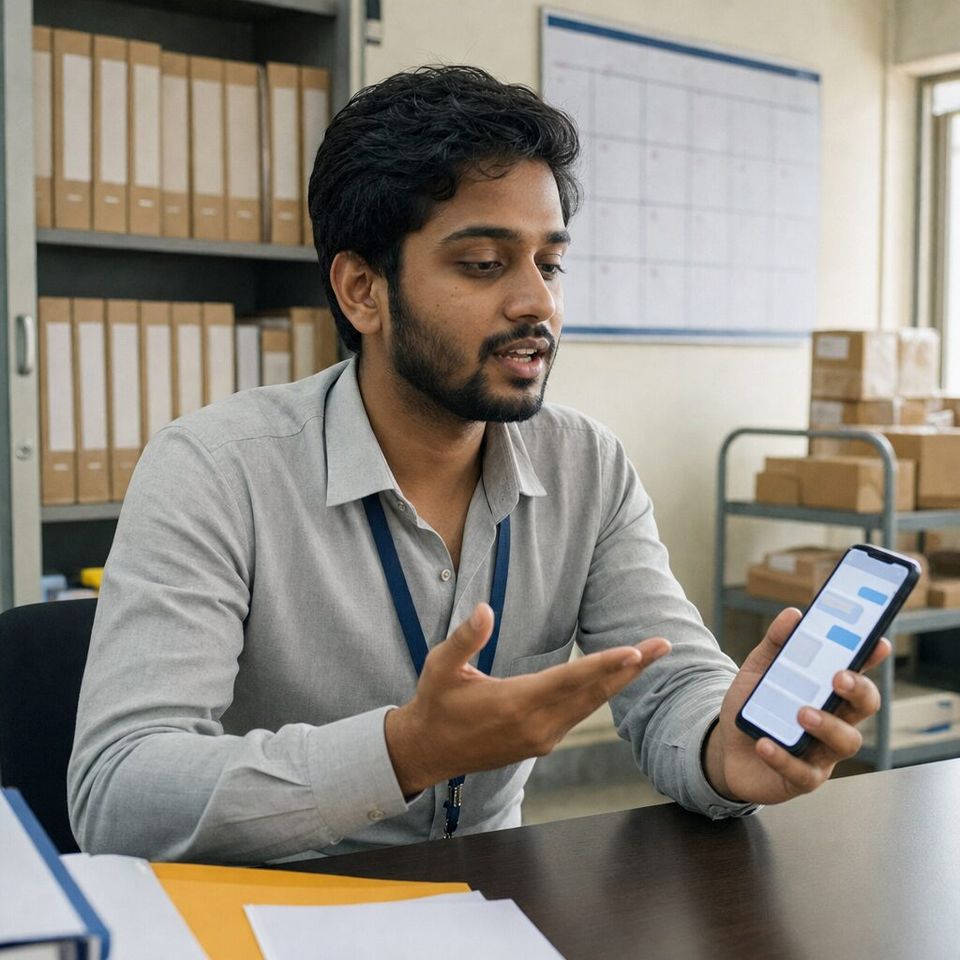Illustrative photo: a junior contracts clerk at a small medical-supplies distributor asks the Practice Coach for help from their phone.