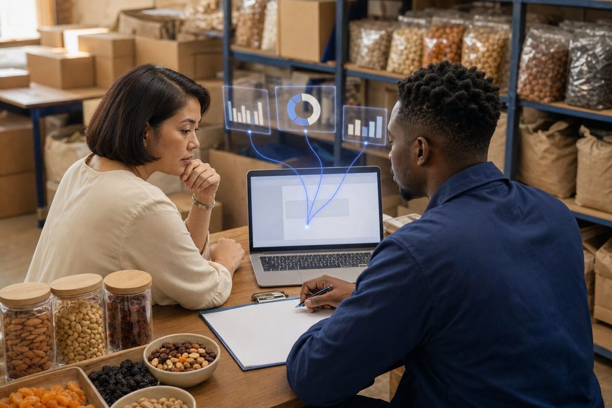 Illustrative photo: the Prediction Agent at work for the owner and stock manager of a family-run dried-fruit and nut wholesaler, laying out results as blue panels above a laptop.