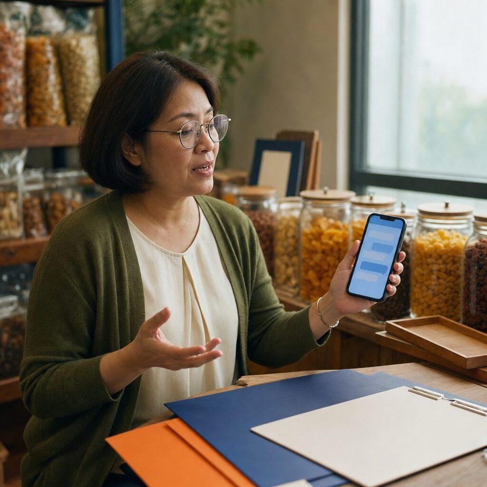 Illustrative photo: the owner of a family-run dried-fruit and nut wholesaler asks the Prediction Agent for help from their phone.